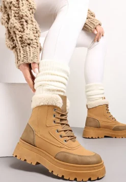 Ciemnobeżowe Traperki z Futerkiem na Platformie Eidenope