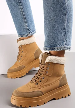 Ciemnobeżowe Traperki z Futerkiem na Platformie Eidenope