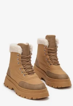 Ciemnobeżowe Traperki z Futerkiem na Platformie Eidenope