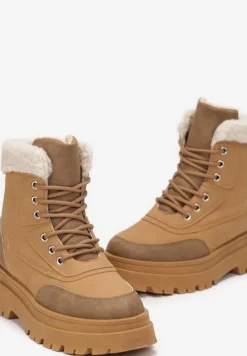 Ciemnobeżowe Traperki z Futerkiem na Platformie Eidenope