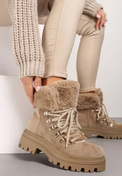 Ciemnobeżowe Traperki z Futerkiem na Grubej Podeszwie Tairene