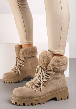 Ciemnobeżowe Traperki z Futerkiem na Grubej Podeszwie Tairene