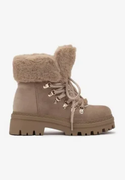 Ciemnobeżowe Traperki z Futerkiem na Grubej Podeszwie Tairene