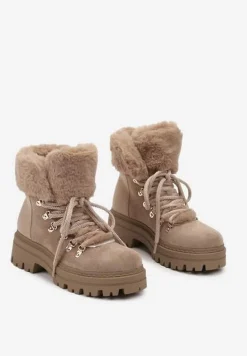 Ciemnobeżowe Traperki z Futerkiem na Grubej Podeszwie Tairene