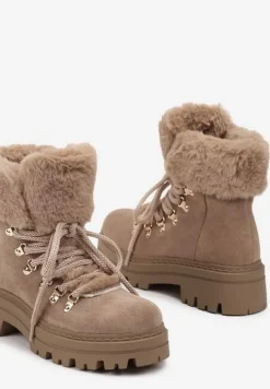 Ciemnobeżowe Traperki z Futerkiem na Grubej Podeszwie Tairene