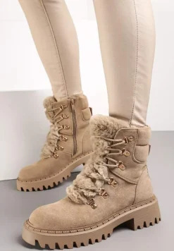 Ciemnobeżowe Traperki z Imitacji Zamszu ze Sznurowaniem i Futerkiem Cynthara