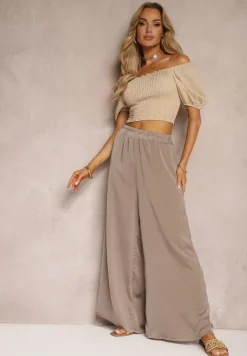 Ciemnobeżowe Wiskozowe Spodnie Szerokie High Waist Rissalene