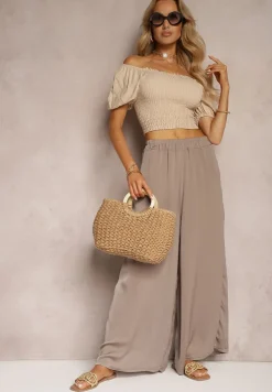 Ciemnobeżowe Wiskozowe Spodnie Szerokie High Waist Rissalene