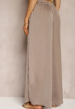 Ciemnobeżowe Wiskozowe Spodnie Szerokie High Waist Rissalene