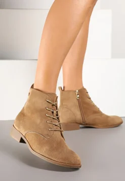 Ciemnobeżowe Wiązane Botki na Płaskiej Podeszwie Erithara