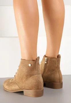 Ciemnobeżowe Wiązane Botki na Płaskiej Podeszwie Erithara