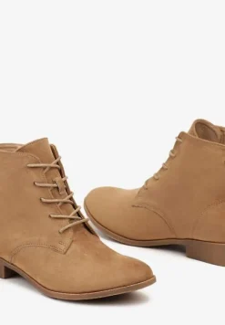 Ciemnobeżowe Wiązane Botki na Płaskiej Podeszwie Erithara