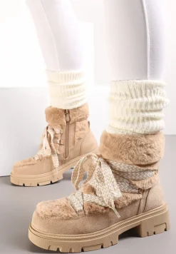 Ciemnobeżowe Wiązane Botki z Futerkiem Naelufa