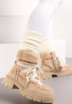 Ciemnobeżowe Wiązane Botki z Futerkiem Naelufa