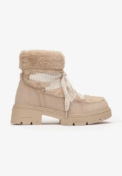 Ciemnobeżowe Wiązane Botki z Futerkiem Naelufa