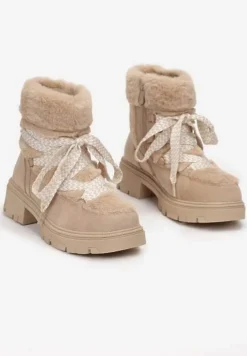 Ciemnobeżowe Wiązane Botki z Futerkiem Naelufa