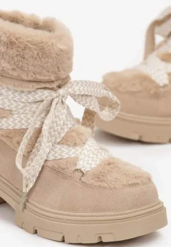 Ciemnobeżowe Wiązane Botki z Futerkiem Naelufa