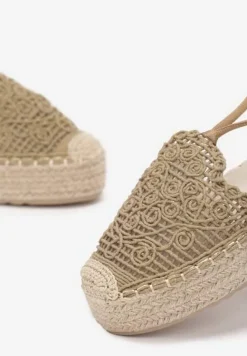 Ciemnobeżowe Wiązane Sandały na Plecionej Platformie z Szydełkową Cholewką Avelley