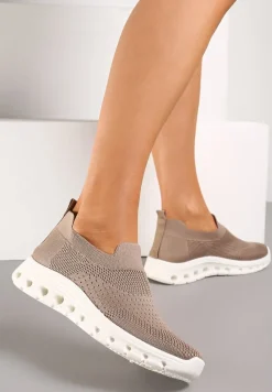 Ciemnobeżowe Wsuwane Buty Sportowe z Elastyczną Cholewką do Kostki Asigruna