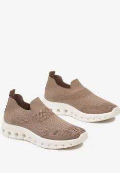 Ciemnobeżowe Wsuwane Buty Sportowe z Elastyczną Cholewką do Kostki Asigruna