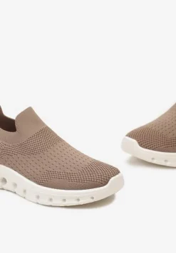 Ciemnobeżowe Wsuwane Buty Sportowe z Elastyczną Cholewką do Kostki Asigruna