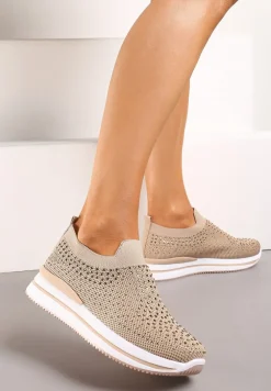 Ciemnobeżowe Wsuwane Buty Sportowe Ozdobione Cyrkoniami na Płaskiej Podeszwie Ustetellia