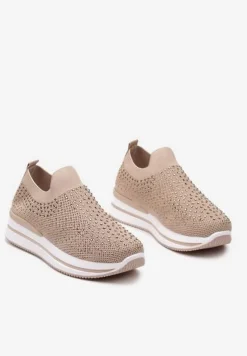 Ciemnobeżowe Wsuwane Buty Sportowe Ozdobione Cyrkoniami na Płaskiej Podeszwie Ustetellia