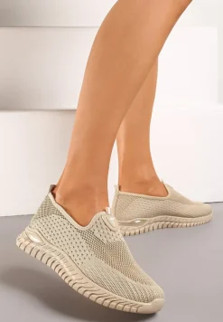 Ciemnobeżowe Wsuwane Buty Sportowe przed Kostkę z Materiałową Cholewką Dasrica