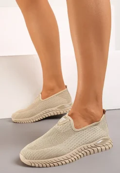 Ciemnobeżowe Wsuwane Buty Sportowe przed Kostkę z Materiałową Cholewką Dasrica