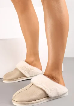 Ciemnobeżowe Wsuwane Kapcie Ozdobione Futerkiem i Przeszyciami Almane