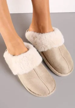 Ciemnobeżowe Wsuwane Kapcie Ozdobione Futerkiem i Przeszyciami Almane