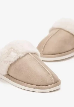 Ciemnobeżowe Wsuwane Kapcie Ozdobione Futerkiem i Przeszyciami Almane
