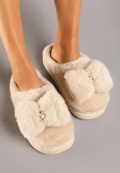 Ciemnobeżowe Wsuwane Kapcie z Futerkiem Ozdobione Kokardą Lemiola