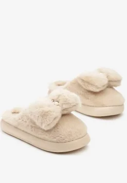 Ciemnobeżowe Wsuwane Kapcie z Futerkiem Ozdobione Kokardą Lemiola