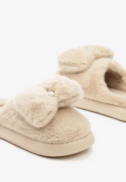 Ciemnobeżowe Wsuwane Kapcie z Futerkiem Ozdobione Kokardą Lemiola