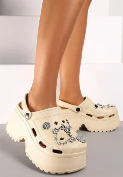 Ciemnobeżowe Wsuwane Klapki z Pianki na Platformie z Aplikacjami o Metalicznym Połysku Risettim