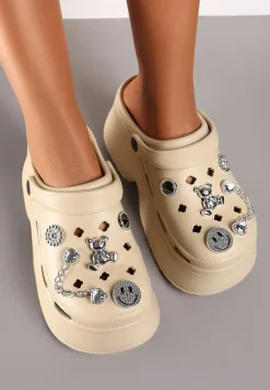 Ciemnobeżowe Wsuwane Klapki z Pianki na Platformie z Aplikacjami o Metalicznym Połysku Risettim