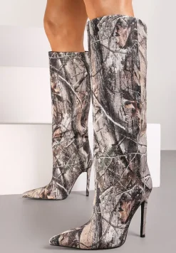 Ciemnobeżowe Wsuwane Kozaki na Obcasie Typu Szpilka z Noskiem w Szpic i Cyrkoniowym Detalem Hanilaya