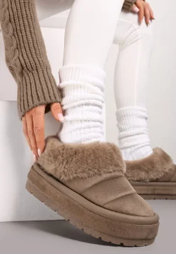 Ciemnobeżowe Wsuwane Śniegowce na Platformie Ozdobione Futerkiem Sinthiana