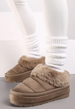 Ciemnobeżowe Wsuwane Śniegowce na Platformie Ozdobione Futerkiem Sinthiana