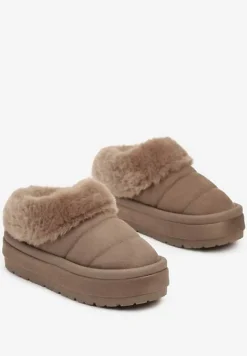 Ciemnobeżowe Wsuwane Śniegowce na Platformie Ozdobione Futerkiem Sinthiana