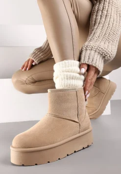 Ciemnobeżowe Wsuwane Śniegowce na Gładkiej Platformie Irindara