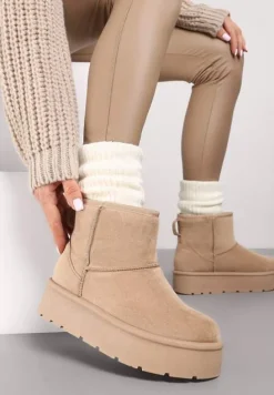 Ciemnobeżowe Wsuwane Śniegowce na Gładkiej Platformie Irindara