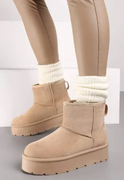 Ciemnobeżowe Wsuwane Śniegowce na Gładkiej Platformie Irindara