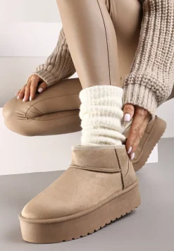 Ciemnobeżowe Wsuwane Śniegowce na Gładkiej Platformie Merileeanne