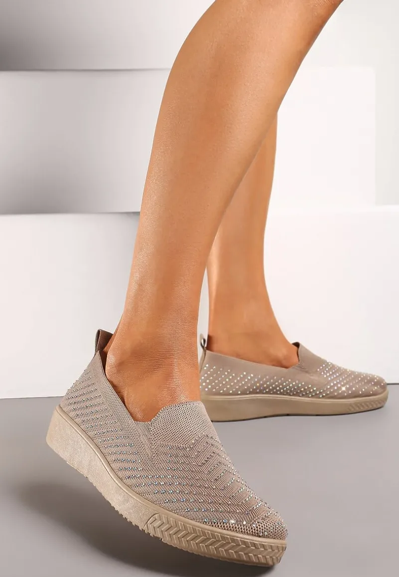 Ciemnobeżowe Wsuwane Tenisówki ze Skarpetkową Cholewką z Cyrkoniami Siwina