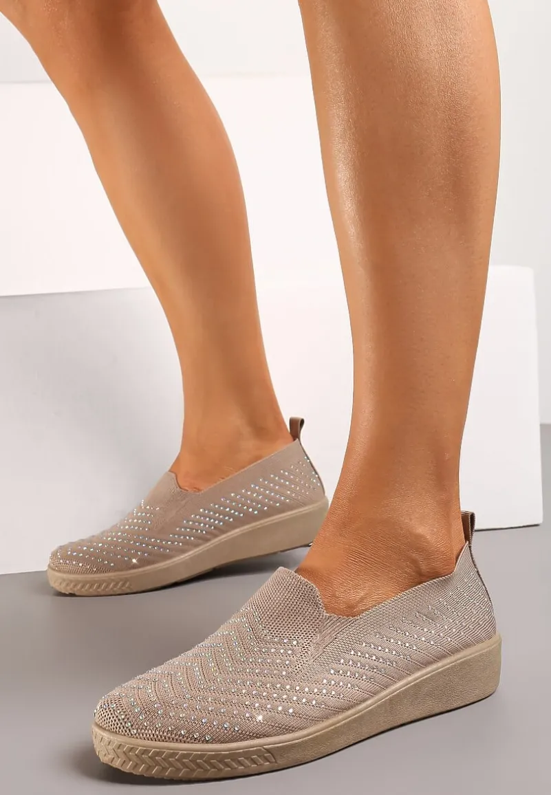 Ciemnobeżowe Wsuwane Tenisówki ze Skarpetkową Cholewką z Cyrkoniami Siwina