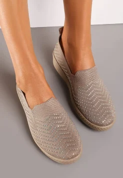 Ciemnobeżowe Wsuwane Tenisówki ze Skarpetkową Cholewką z Cyrkoniami Siwina