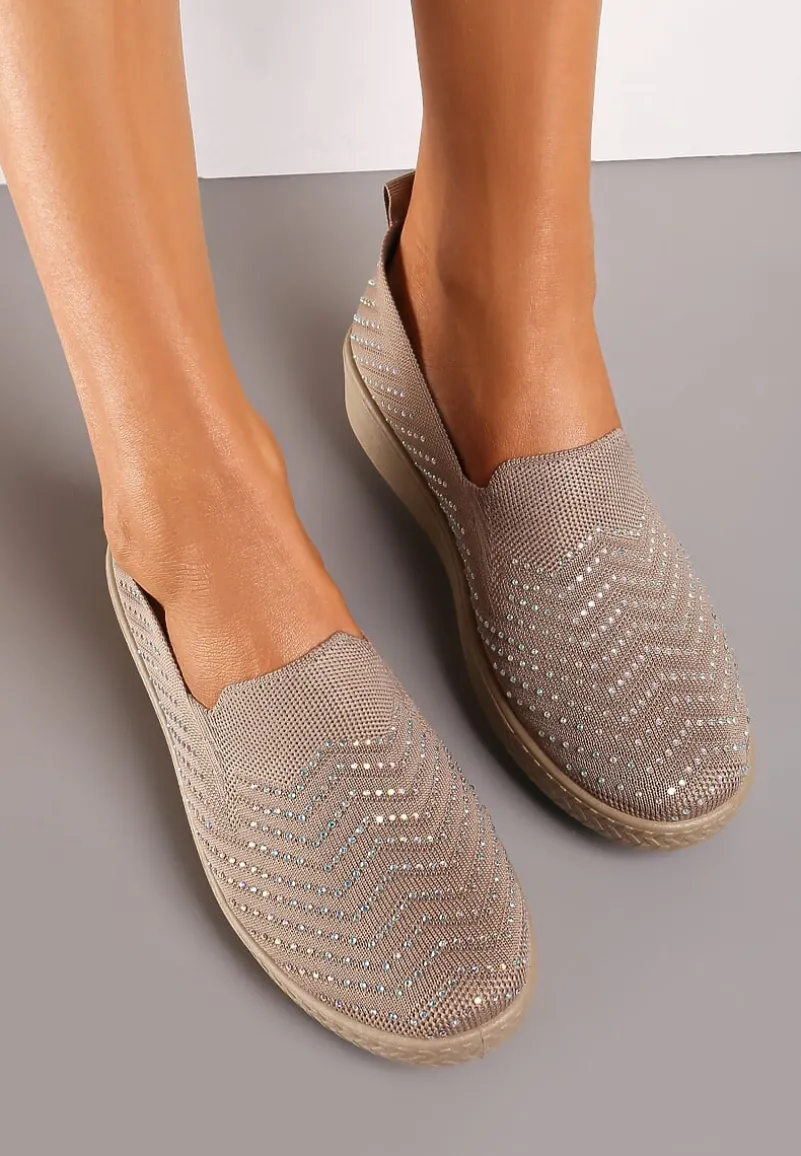 Ciemnobeżowe Wsuwane Tenisówki ze Skarpetkową Cholewką z Cyrkoniami Siwina