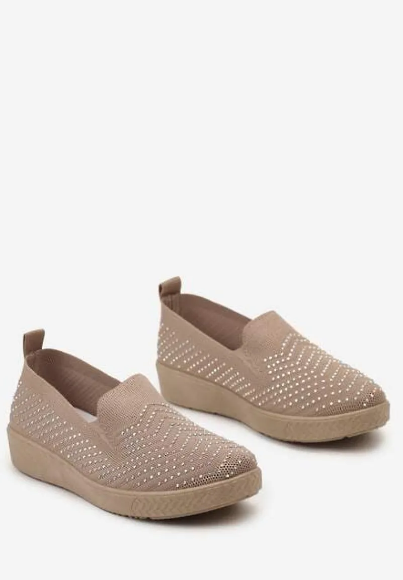 Ciemnobeżowe Wsuwane Tenisówki ze Skarpetkową Cholewką z Cyrkoniami Siwina